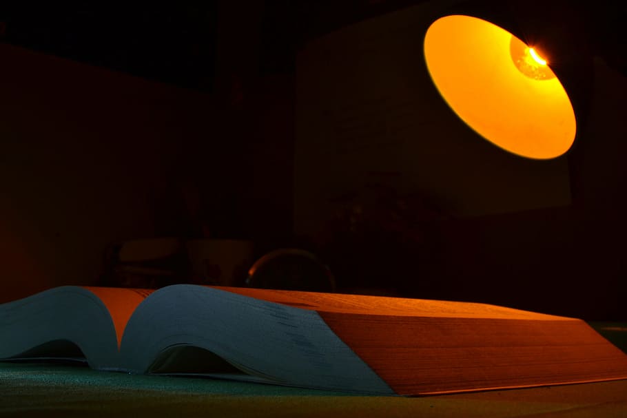 opened book beside lighted on lamp, open book, reading, education