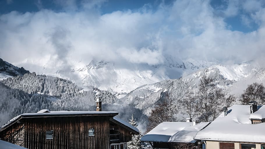 snow, mountain, winter, chalet, cold temperature, sky, cloud - sky HD wallpaper