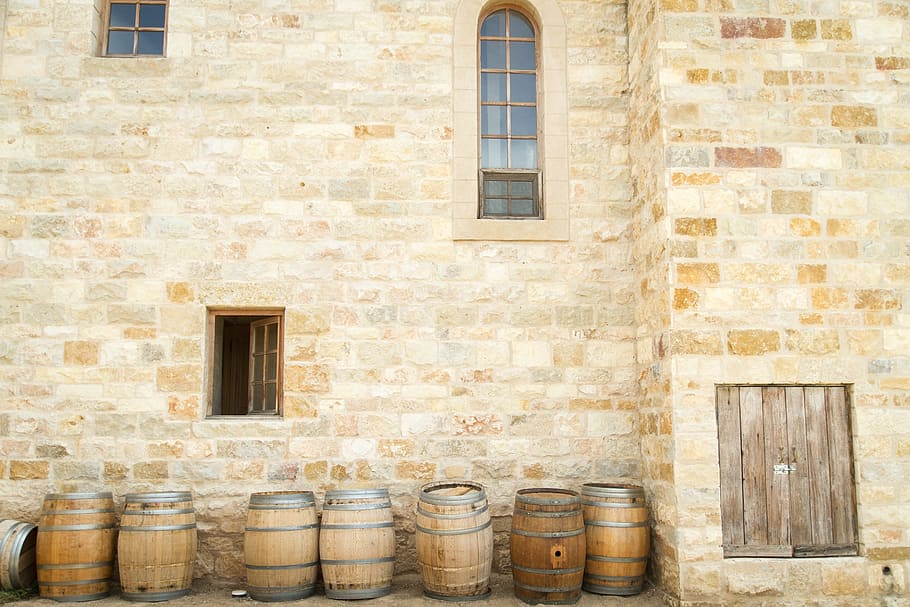 brown wooden barrels, wall, bricks, windows, building, house HD wallpaper