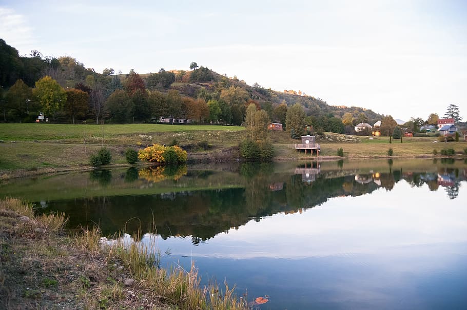 cantal, lake, reflection, fall, pond, mountain, landscape, mirror HD wallpaper