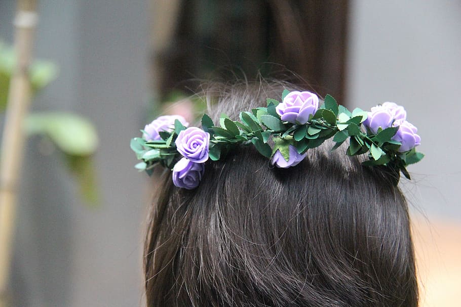 girl in purple flower headband, flower band, hair, cute, child