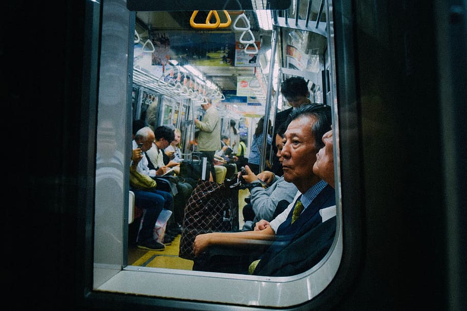 people sitting inside train, passengers, transport, transportation HD wallpaper