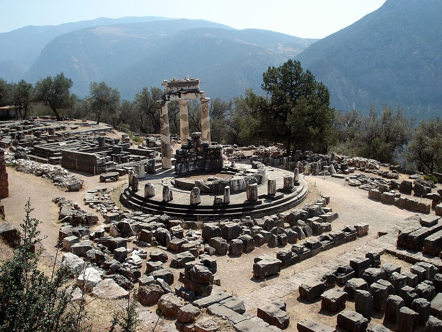 aerial photo of ruins during daytime, delphi, ancient site, greece