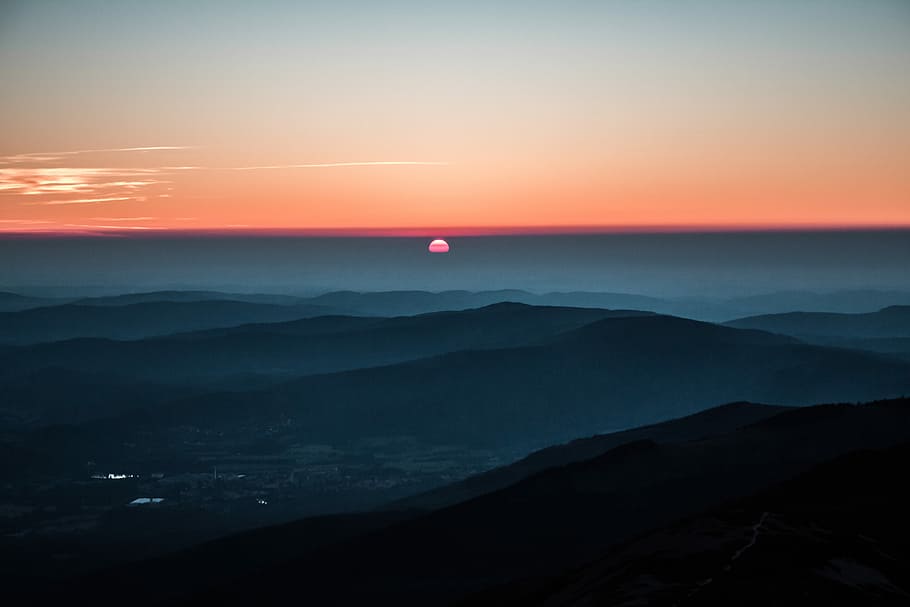 top view of mountain, aerial photography of mountain during sunset HD wallpaper