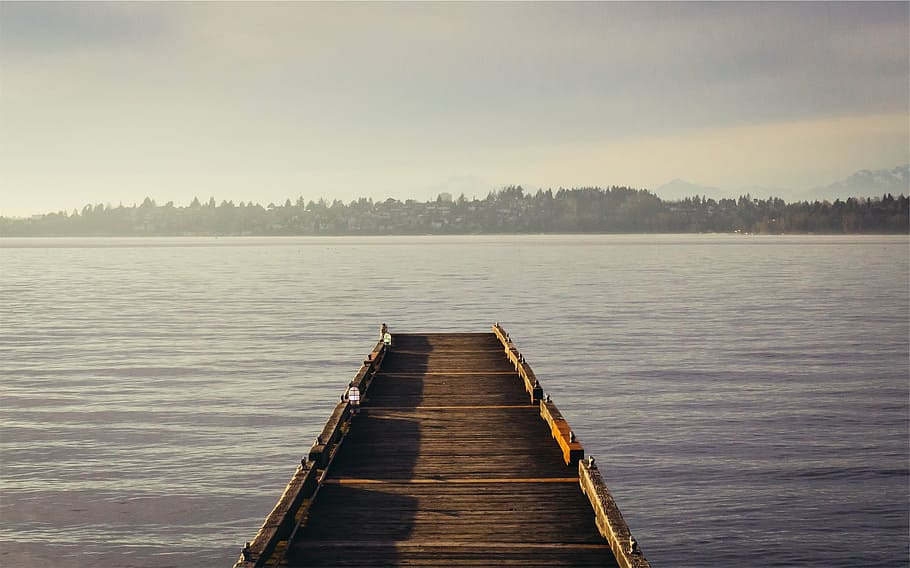 wooden dock on body of water, landscape, photography, brown HD wallpaper
