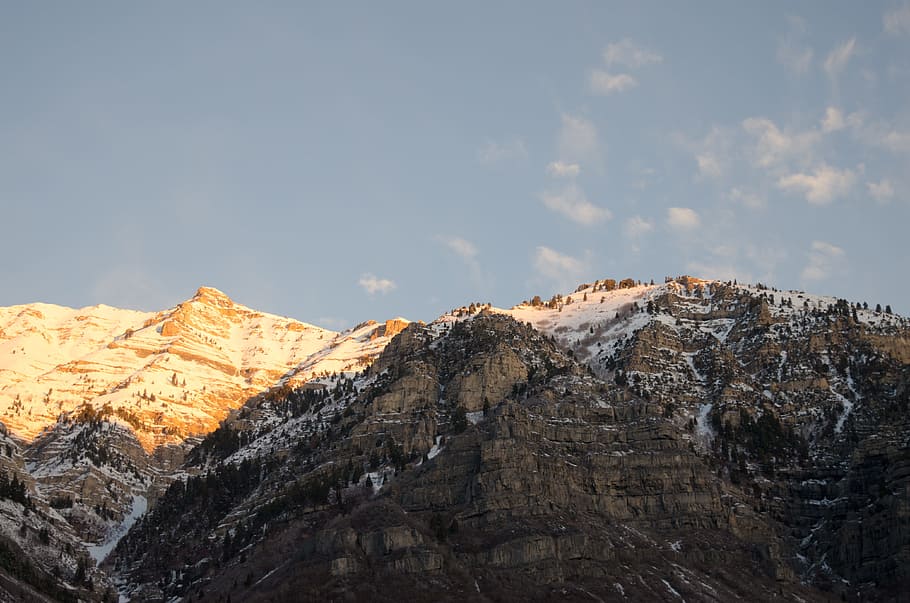 mountains under white clouds during daytime, snow filled mountain HD wallpaper