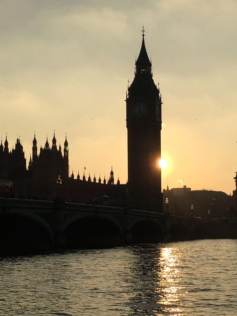 big ben, sunset, setting sun, tower, thames, silhouette, england HD wallpaper