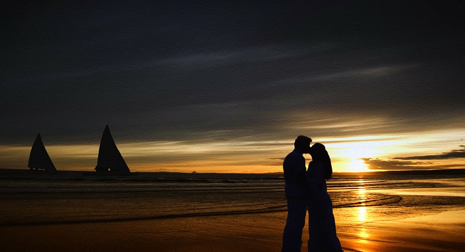 silhouette couple kissing near beach, sunset, love, young, people