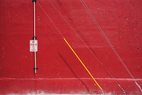 gray metal rod on red wall, sign, cable, no parking, pipe, abstract HD wallpaper