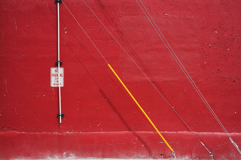 gray metal rod on red wall, sign, cable, no parking, pipe, abstract HD wallpaper