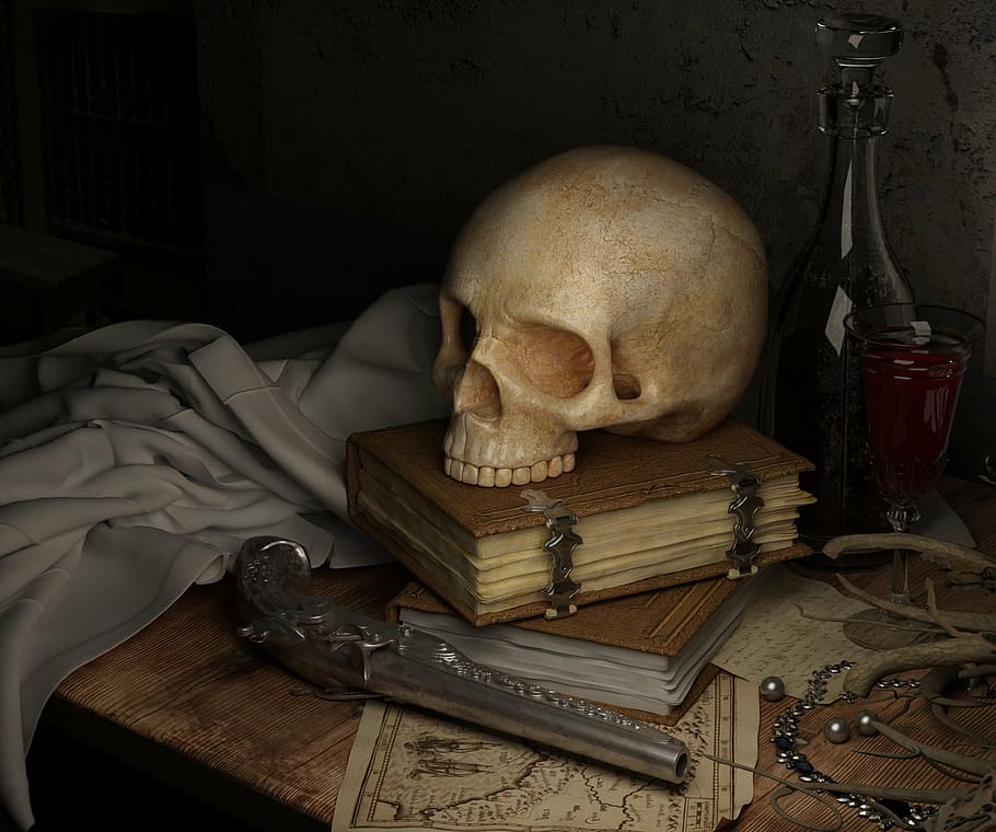 skull on brown book, dark, map, gun, still life, human skeleton