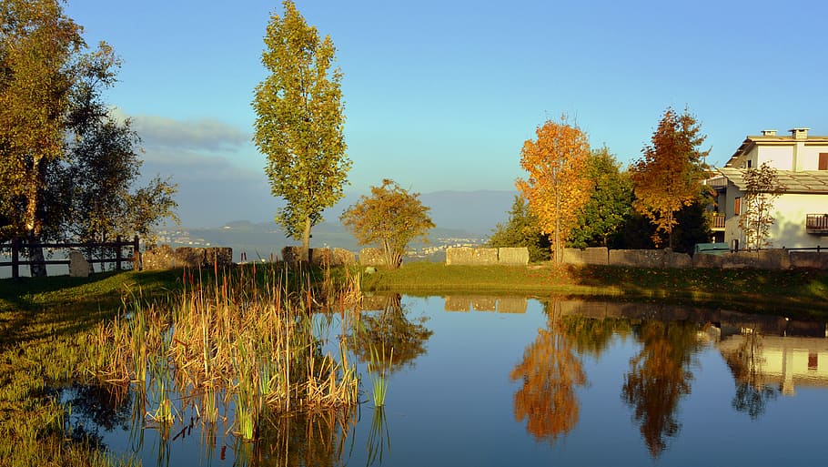 pond, mountain, trees, autumn, the european path, e5, lessinia HD wallpaper
