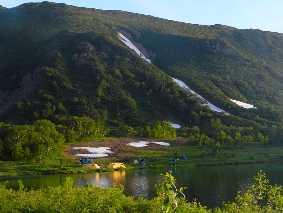 mountains, lake, tourist camp, tents, summer, snow, sneznik, HD wallpaper