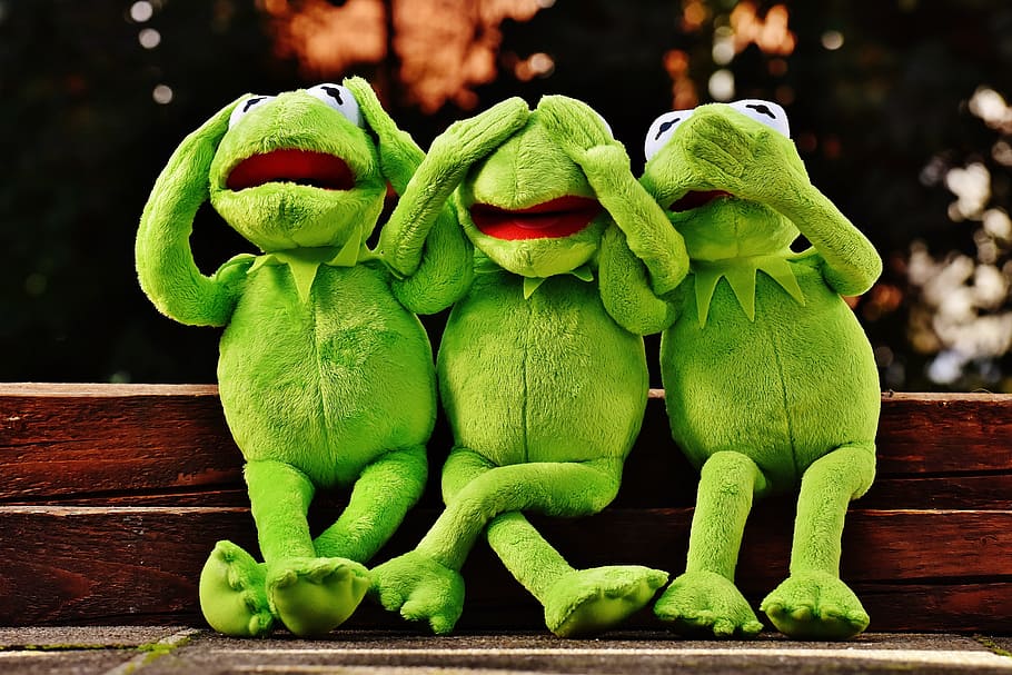three Kermit the Frog plush toys, not hear, not see, do not speak