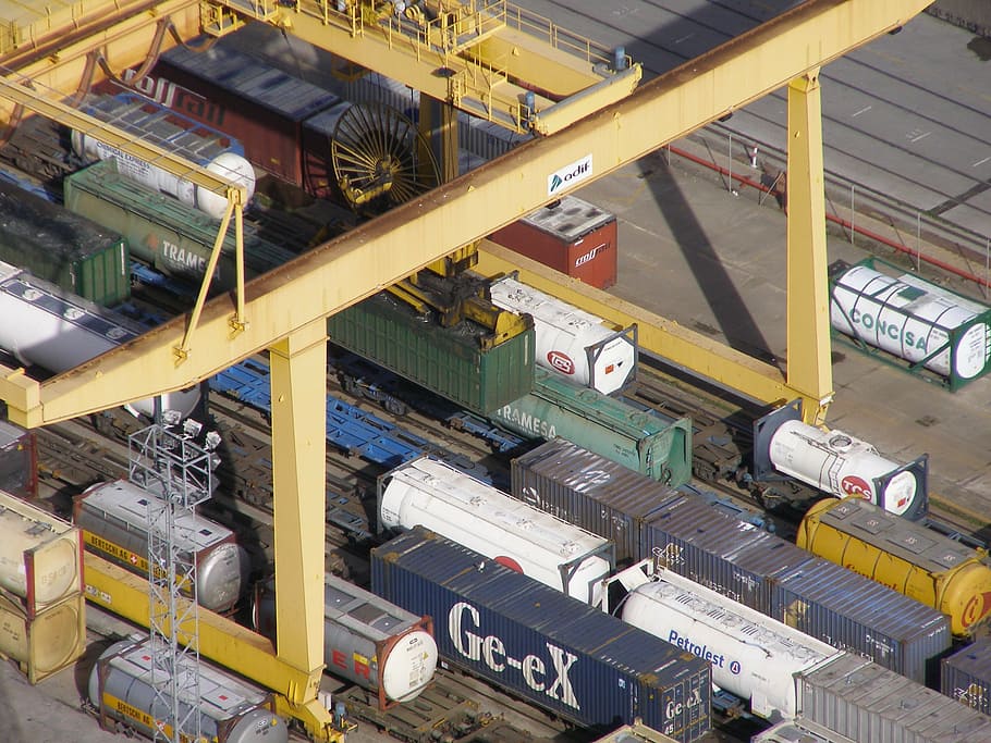 container, container crane, spreader, envelope, truck, transport HD wallpaper