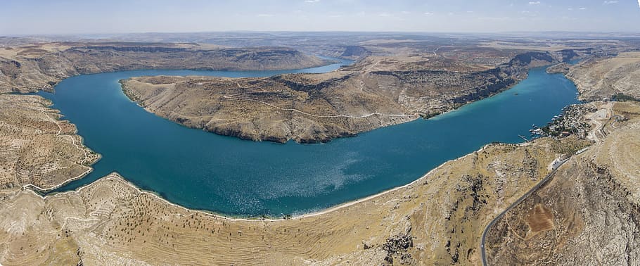 aerial photography of bodies of water and mountain, blue body of water HD wallpaper