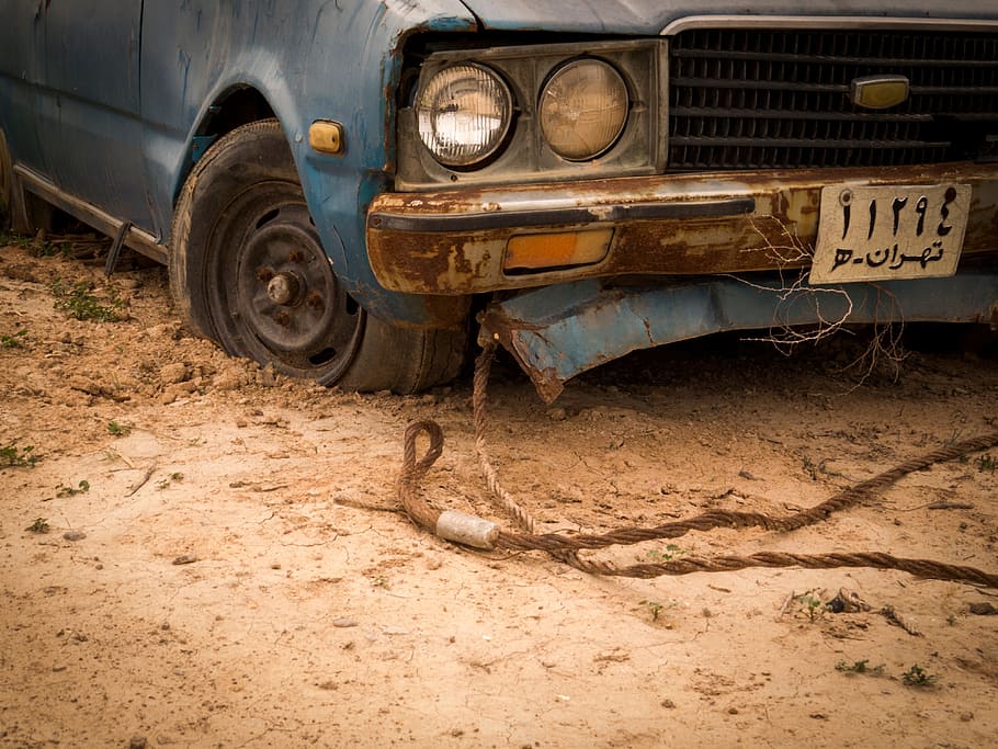 old, rusty, car, rope, vehicle, wheel, mode of transportation HD wallpaper
