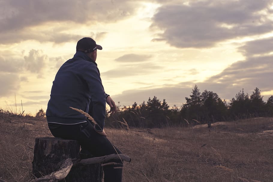 dawn, sunset, man, person, alone, backlit, calm, cropland, daylight HD wallpaper