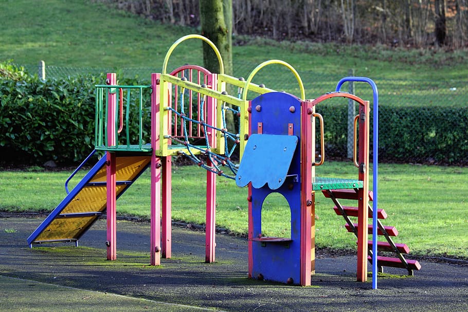 trees, grass, park, colors, empty, equipment, outdoors, playground HD wallpaper