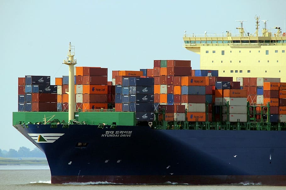 blue carriage boat, container, ship, charge, freighter, cargo HD wallpaper