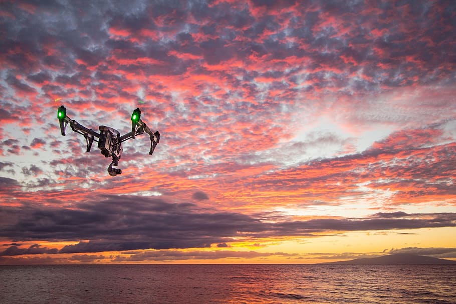 ocean under cloudy sky at daytime, drone, sunset, dusk, clouds HD wallpaper