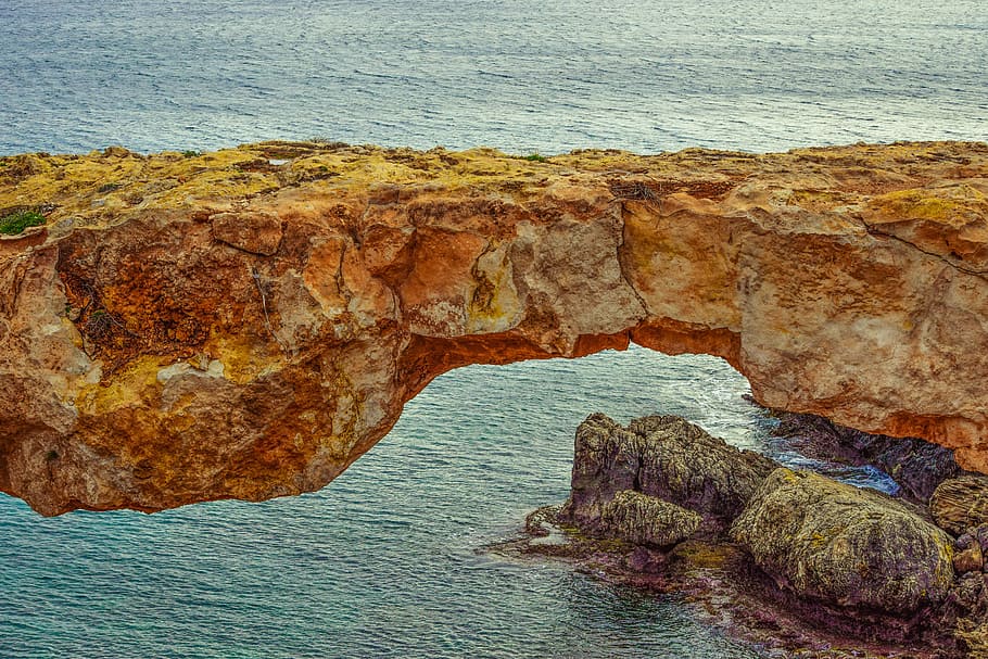 brown rock formation near shore, cyprus, cavo greko, korakas bridge, HD wallpaper