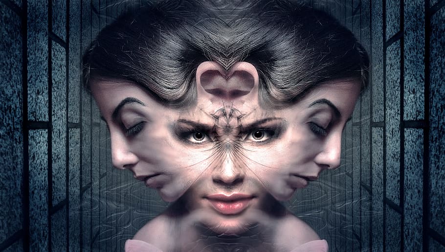woman's mirrored-image portrait photo, perspective, woman's face
