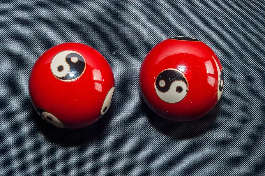 qi gong, balls, red, hollow balls, yin, yang, about, metal