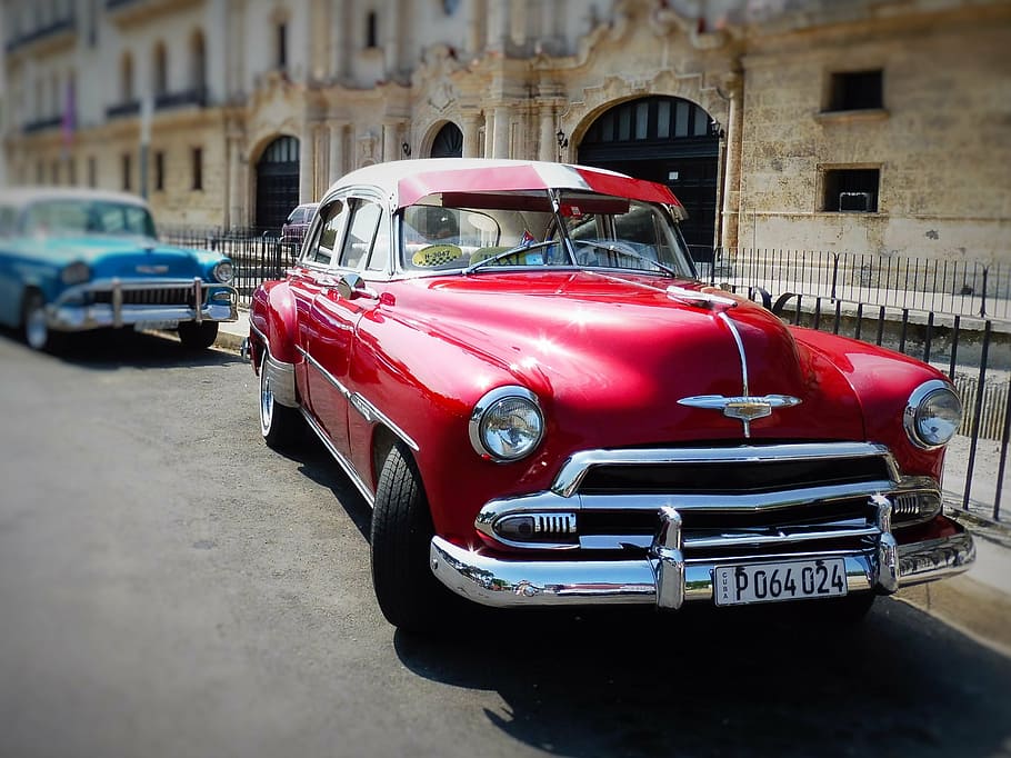 red and silver car near concrete building, havana, cuba, auto HD wallpaper