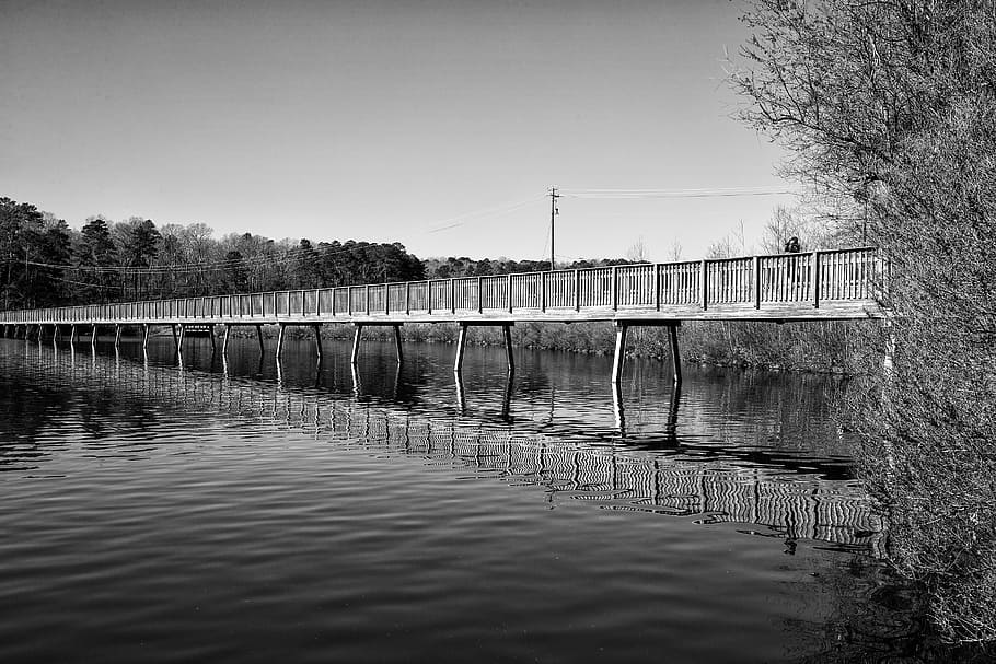 Lake, Reflection, Water, Bridge, Calm, solitude, black and white HD wallpaper
