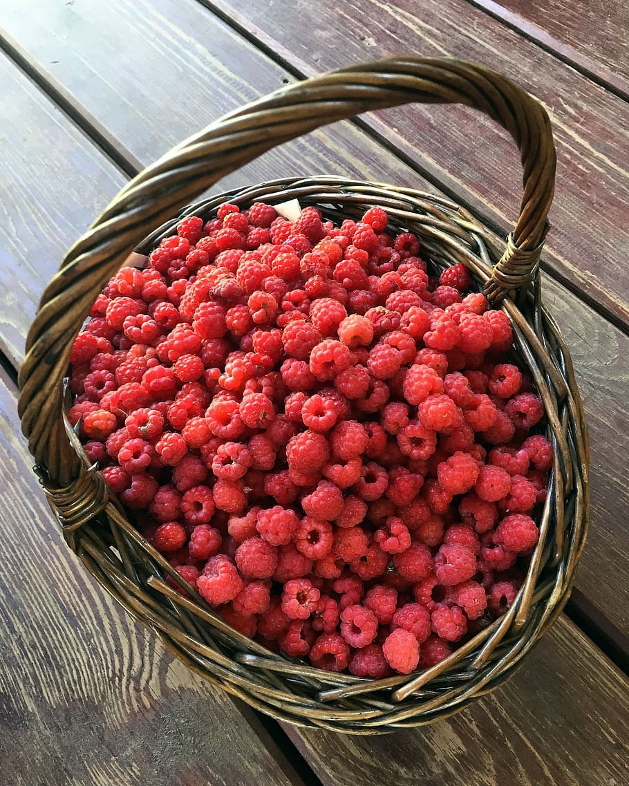 Forest Raspberry, Basket, wild raspberries, summer, sweet, red HD wallpaper