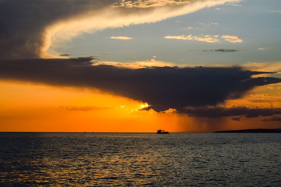 sunset, sea, sky, clouds, storm, nature, horizon, scenery, boat HD wallpaper