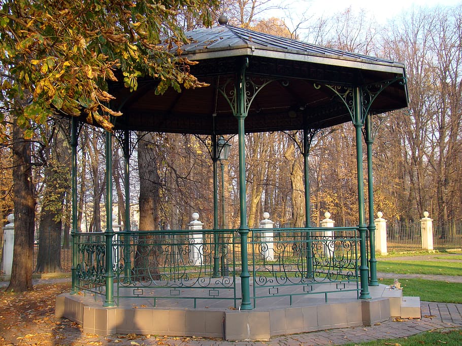 garden terrace, park, autumn, metal gazebo, tree, plant, architecture, HD wallpaper