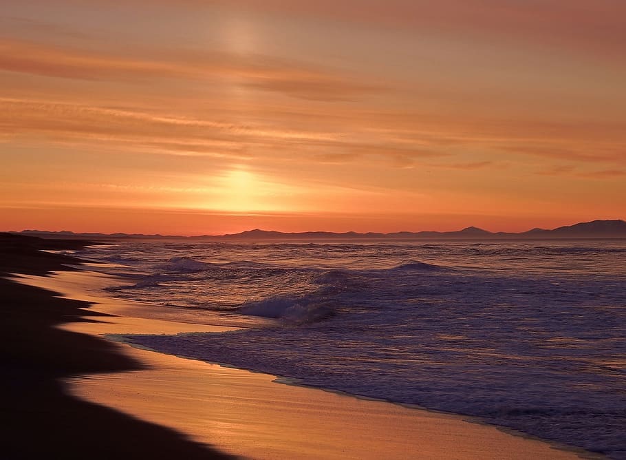 ocean, sunrise, wave, forward, surf, sunset, seascape, beach HD wallpaper