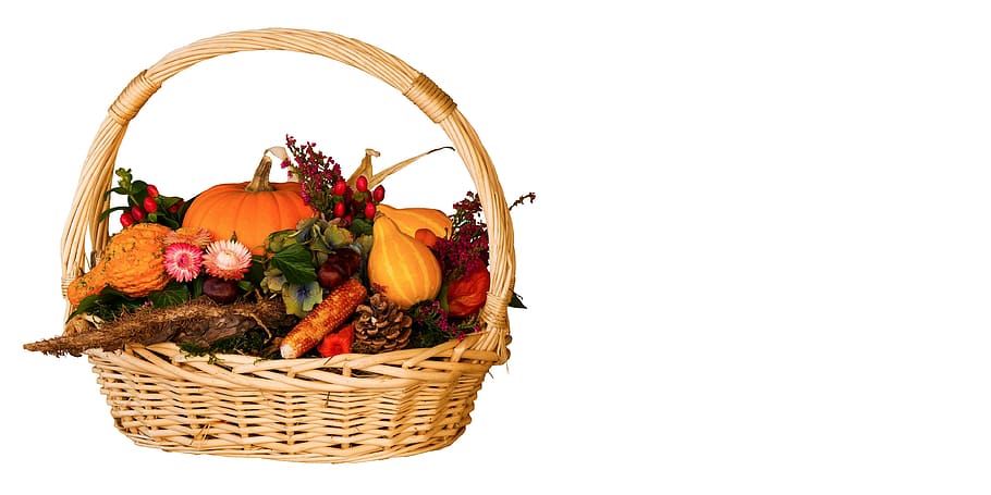 fruits in brown wicker basket, autumn, harvest, thanksgiving, HD wallpaper