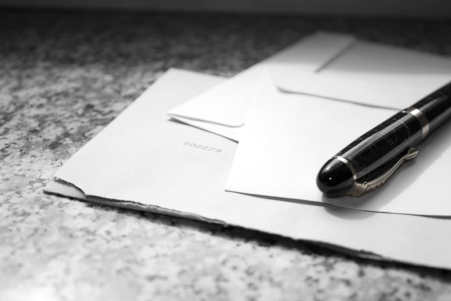 black pen on white papers, letters, leave, envelope, writing tool HD wallpaper