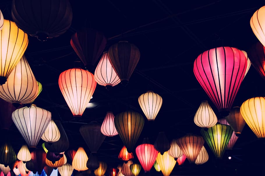 assorted-color flying lanterns, lamps, lighting, nostalgia HD wallpaper