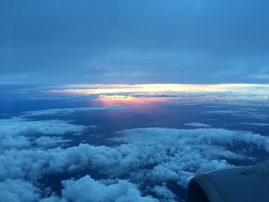sky, plane, sunset, airplane, flying, aerial View, nature, blue HD wallpaper