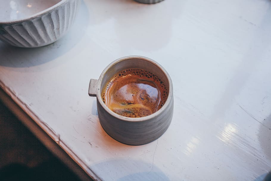 gray metal bowl on white table, brown liquid on gray ceramic mug HD wallpaper