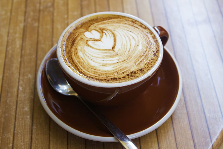 cappuccino cup on red saucer with teaspoon, coffee, break, breakfast HD wallpaper
