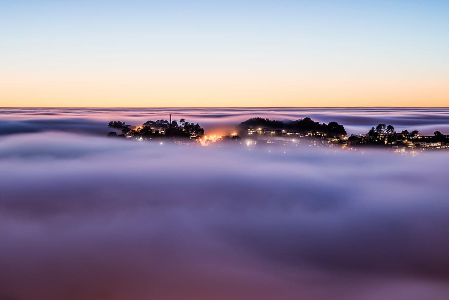 cloudscape, above, housing, clouds, sky, top, sunset, sea, scenics HD wallpaper