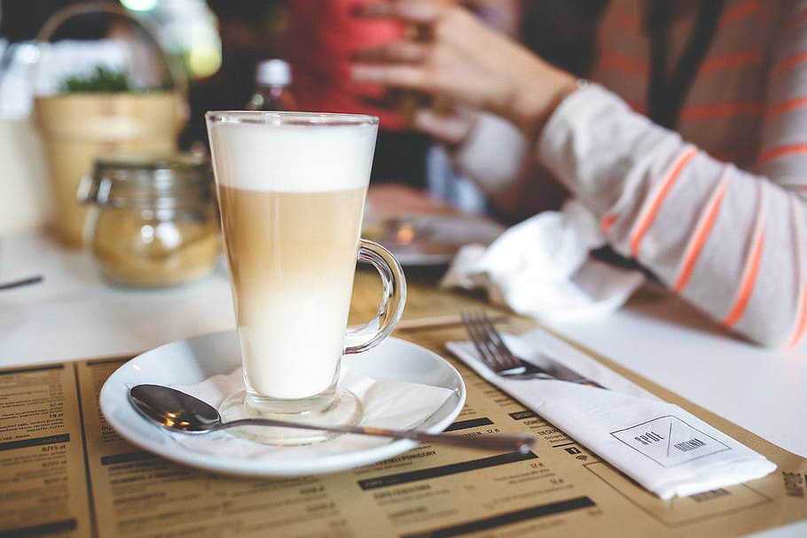 clear glass mug on white ceramic plate, coffee, latte, milk HD wallpaper