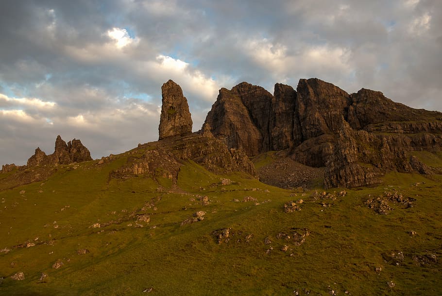 old man of storr, rock, mountains, sunrise, clouds, mood, clouded sky, HD wallpaper