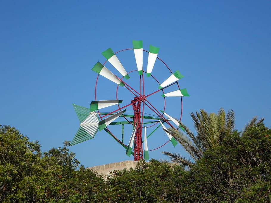 windmill, mallorca, wheel, landmark, wind power, metal, spokes HD wallpaper