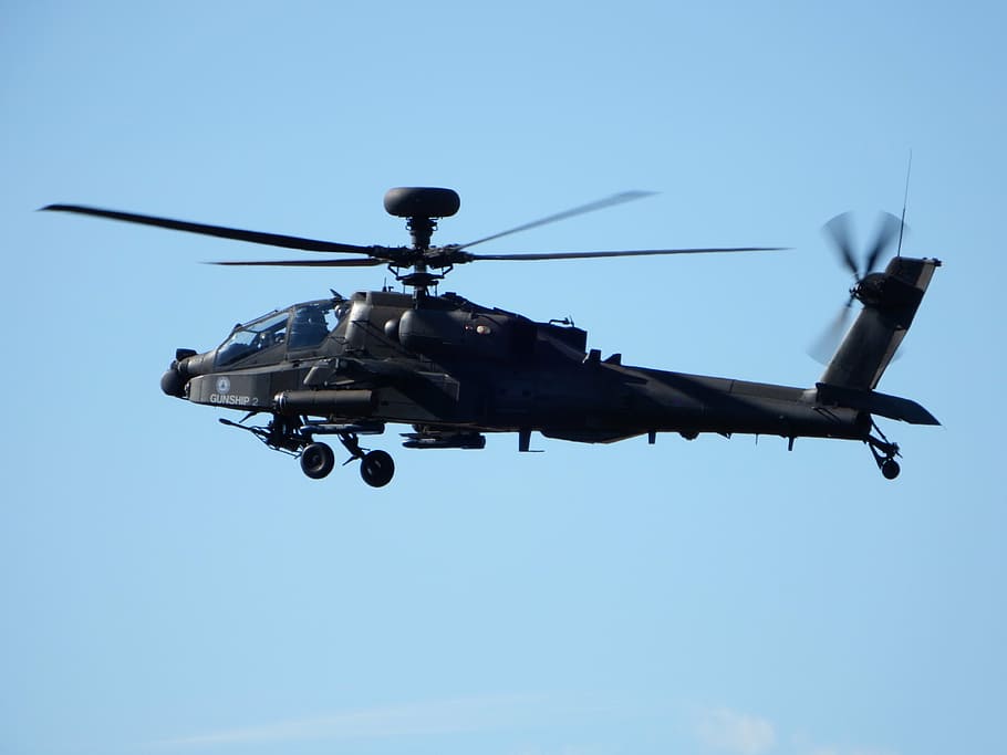 black attack helicopter on flight, apache, military, chopper HD wallpaper
