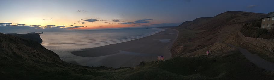 panoramic, nature, dawn, landscape, sunset, water, sand, beach HD wallpaper