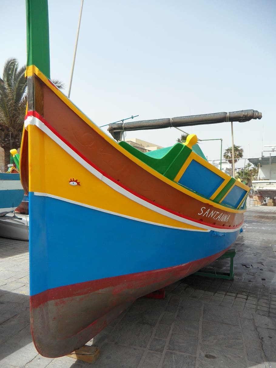 luzzu, fishing boat, colorful boat, malta, marsaxlokk, eyes of osiris, HD wallpaper