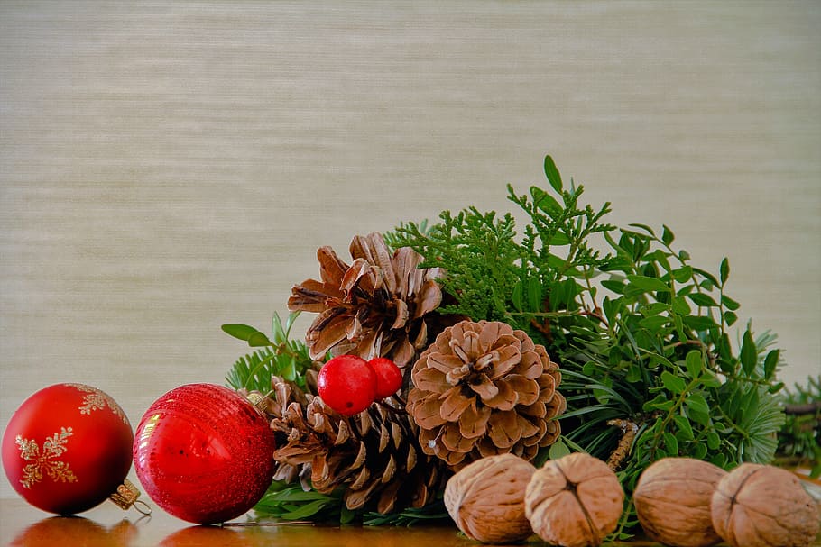 pine cone between baubles and nuts on table, walnut, pine cones HD wallpaper