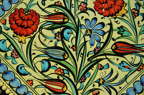 yellow, blue, and green floral illusttration, mosaic, tile HD wallpaper