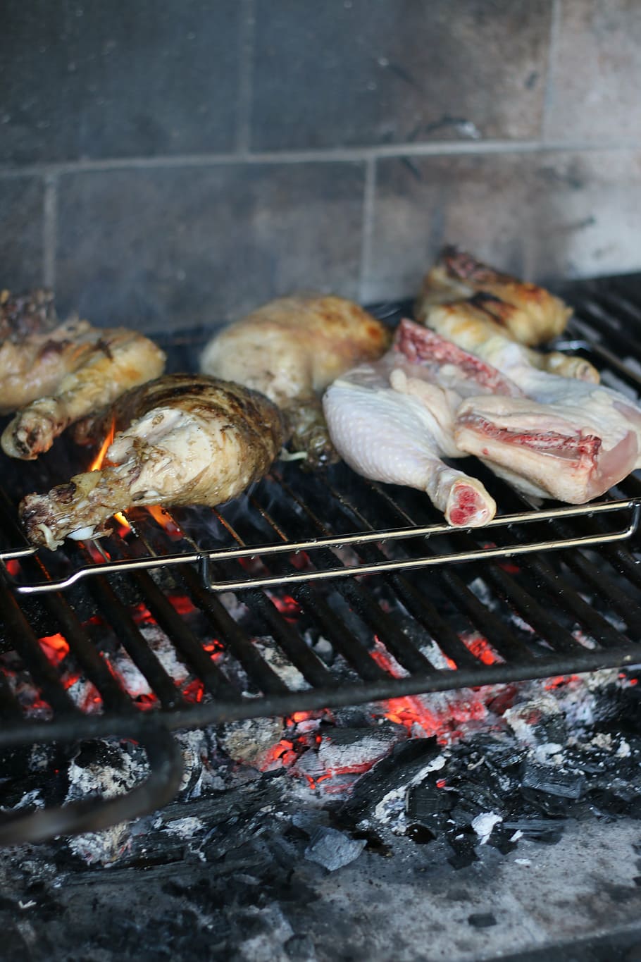 rustic, stone bbq, food, fire, charcoal, dinner, chicken legs HD wallpaper